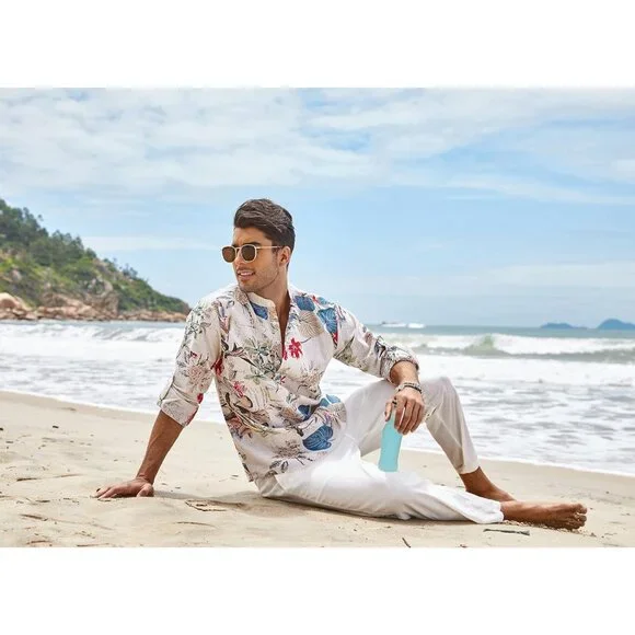 Men's Khaki Floral Cotton Linen Henley T-shirt Long Sleeve Casual Beach Button - Picture 5 of 8